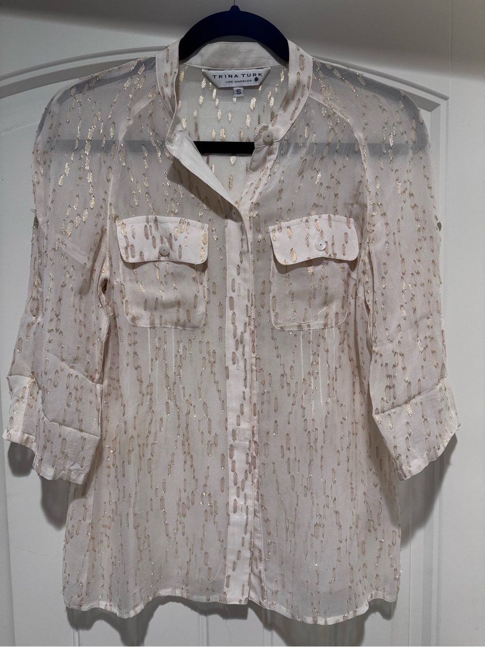 Trina Turk Ivory Blouse with Gold Metallic Dot Accents